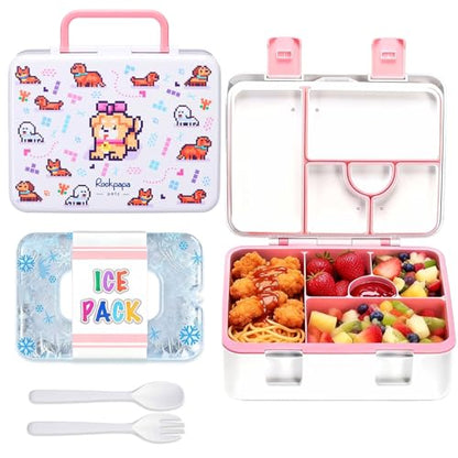 rockpapa Chill Bento Box for Kids- Large 5.5 Cups Lunch Box with Ice Pack - 5 Compartments, BPA-Free, Leak Proof, with Utensils & Portable Handle, Microwave/Dishwasher Safe (White Pets Dog) - color: White Pets Dog