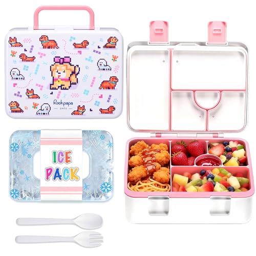 rockpapa Chill Bento Box for Kids- Large 5.5 Cups Lunch Box with Ice Pack - 5 Compartments, BPA-Free, Leak Proof, with Utensils & Portable Handle, Microwave/Dishwasher Safe (White Pets Dog) - color: White Pets Dog