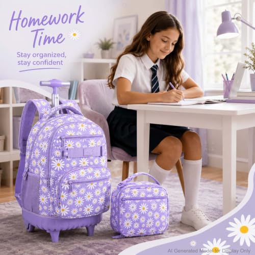 AGSDON Rolling Backpack for Girls, Women Roller Wheels Bookbag, Laptop Daisy Wheeled School Bag with Wheels for Teens - color: Daisy Purple