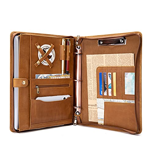 YIWEN Handmade Leather Portfolio with Handle, 3 Ring Binder, Zippered Padfolio for 13" Tablet, 8.5 x 11 Notepad, Professional Business Document Organizer (Brown, Crazy Horse Leather) - color: Brown, Crazy Horse Leather, size: Standard