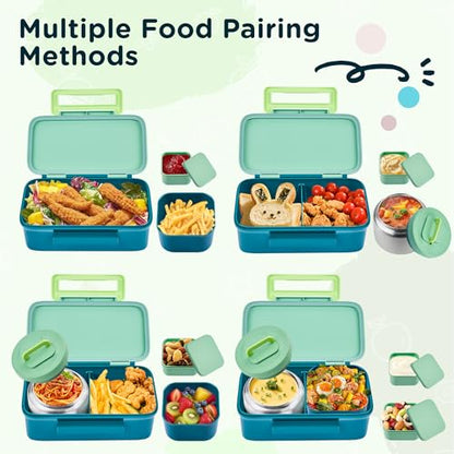 MAISON HUIS Bento Box for Kids with 8oz Soup Thermo, Insulated Lunch Bag & 17oz Water Bottle, 2-Compartment Bento Box with Built-In Ice Pack, Leak-Proof & BPA-Free (Green) - color: Green