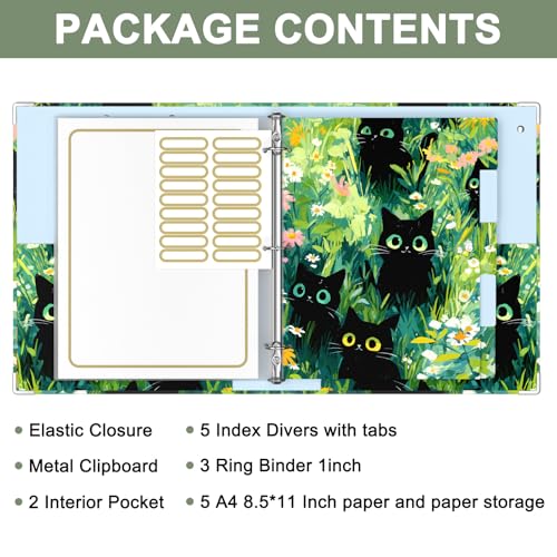 Rouidr 3 Ring Binder with clipboard, 1 inch 8.5 x 11 in Letter Size View Binders Organizer with Dividers Tabs & Clear Sleeves, School Supplies, Office Supplies - color: Black Cats, size: 1in(Letter Size)