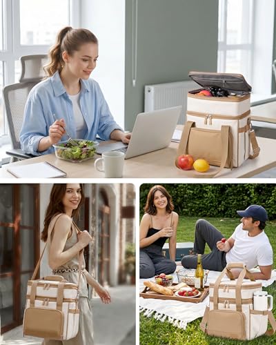 HOMESPON Double Layer Lunch Bag for Women Men, 14L Large Insulated Lunch Box with Shoulder Strap, Expandable Cooler Tote with Cup Holder for Work Office Picnic, Brown - color: Brown