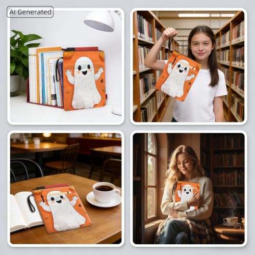 Padded Book Sleeve with Zipper & Front Pocket, Fabric Book Cover | Cute Halloween Ghost Pumpkin11.4"x8.7" Washable Canvas Pouch for Hardcovers, Tablets & Reading Accessories - color: Cute Halloween Ghost Pumpkin