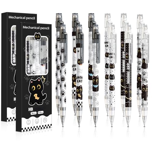12Pcs Black Cute Cat Mechanical Pencils with Eraser 0.5mm Kawaii Cartoon Cat Mechanical Pencil School Pencil Cat Gifts for Women Man - style: cat black