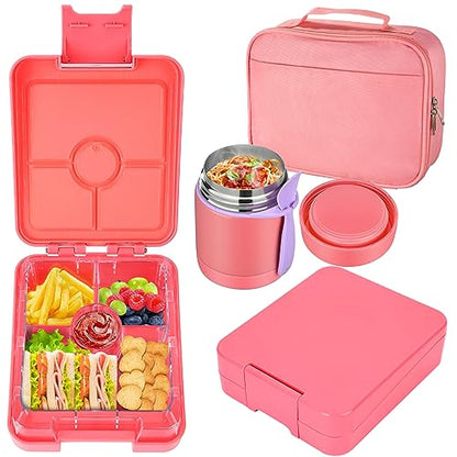 Bento Lunch Box Set for Kids with 10oz Soup Thermo, Leak-Proof Lunch Containers with 4 Compartment, Kids Thermo Hot Food Jar and Insulated Lunch Bag for Kid to School,BPA-Free(Pink) - color: Pink