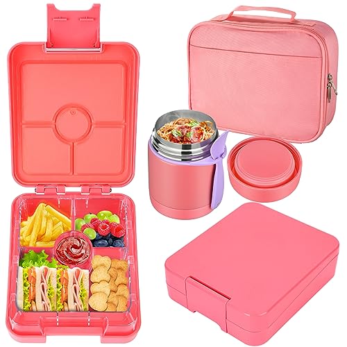 Bento Lunch Box Set for Kids with 10oz Soup Thermo, Leak-Proof Lunch Containers with 4 Compartment, Kids Thermo Hot Food Jar and Insulated Lunch Bag for Kid to School,BPA-Free(Pink) - color: Pink