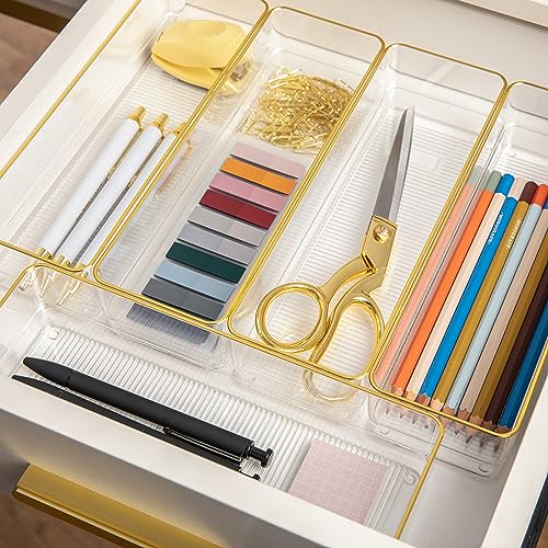 Martha Stewart Kerry Plastic Stackable Office Desk Drawer Organizers, 12" x 3", 6 Pack, with Gold Trim - size: 12" x 3"