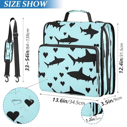3 Ring Zipper Binder With Shoulder Strap Documents Storage Organizer Animal Dog - color: White Shark Pattern