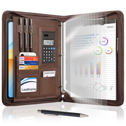 Leathario Portfolio Binder, 3-Ring Folder Organizer, Includes 10 Sheet Protectors and a Pen, Vegan Leather A4 Padfolio for Tablets, Business Conferences Professional Document Organizer - color: Brown-3 Ring