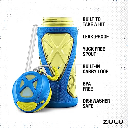 ZULU Torque 16oz Plastic Kids Water Bottle with Silicone Sleeve and Leak-Proof Locking Flip Lid, Soft Touch Carry Loop for School Backpack, Lunchbox, BPA-Free Dishwasher Safe - color: Blue, style: Single