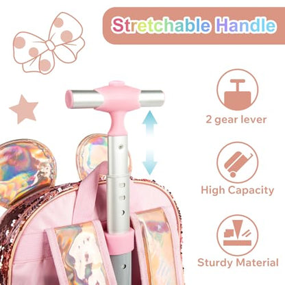 Kids Rolling Big Ears Backpack for Girls Sequins Trolley Suitcases Luggage Travel with Wheels Bookbag Wheeled 17" Roller Backpacks Set Toddler Back Pack School Bags for Elementary Champagne - color: 5315-miqi-champagne