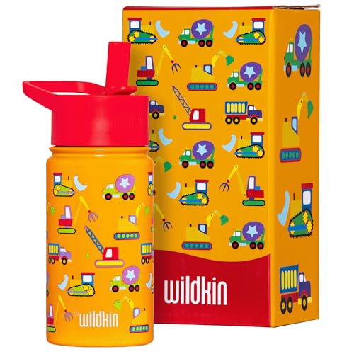 Wildkin Kids Stainless Steel Water Bottle, 14oz, Under Construction | 14oz insulated steel water bottle — coordinates with matching Wildkin backpacks and lunch boxes - color: Under Construction, size: 14 Oz
