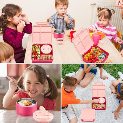 Bento Lunch Box for Kids with 8oz Soup Thermo,Kids Leakproof Lunch Food Containers with 4 Compartment,Kid Insulated Thermo Hot Food Jar for School,Trvael-Pink - color: Pink