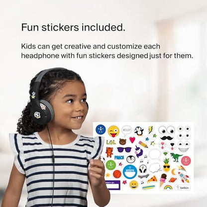 Belkin SoundForm Mini Kids Wired Headphones with Built-in Microphone & Fun Stickers, 85dB Safe Volume Limit – for Online Learning, Travel, Compatible w/iPhone 15, iPad, Galaxy S23, & More - Black - color: Black, style: Wired