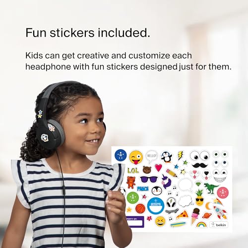 Belkin SoundForm Mini Kids Wired Headphones with Built-in Microphone & Fun Stickers, 85dB Safe Volume Limit – for Online Learning, Travel, Compatible w/iPhone 15, iPad, Galaxy S23, & More - Black - color: Black, style: Wired