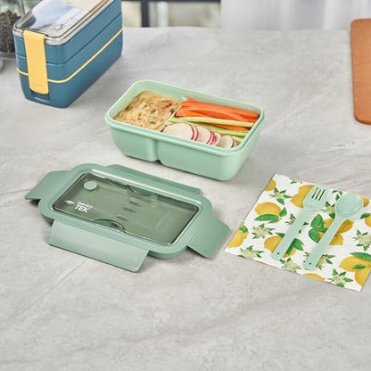 Restaurantware-Bento Tek 28.7 Ounce Bento Box, 1 Reusable Lunch Container - With Fork And Spoon, Does Not Contain BPA, Green Plastic Reusable Lunch Box, Microwavable, Dishwashable - size: 1 Count, style: 29 oz - Green
