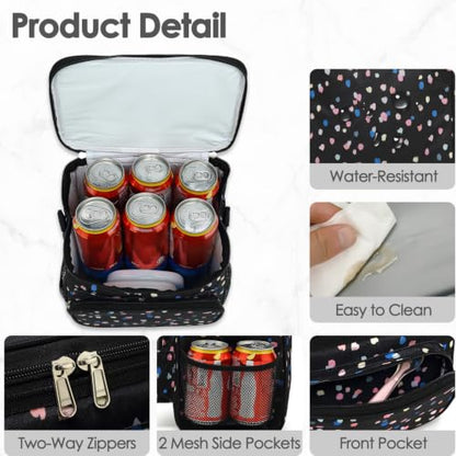 FlowFly Insulated Reusable Lunch Bag Adult Large Lunch Box for Women and Men with Adjustable Shoulder Strap,Front Zipper Pocket and Dual Large Mesh Side Pockets,BlackFlower - color: BlackFlower
