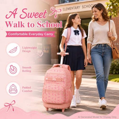 gxtvo Roller Backpack for Girls, Women Rolling Bookbag with Lunch Box for Adults, Water Resistant Wheeled School Bag for College Teens Kids Travel - Pink Bow - color: Girls Rolling Backpack Bow Pink
