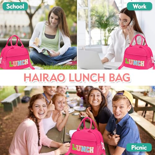 Lunch Bag for Girls and Women, Cute Preppy Lunch Bag with Chenille Letters, Insulated Large Capacity Lunch Tote with Detachable Strap for School, Work & Picnic, Rose Red - color: Rose Red