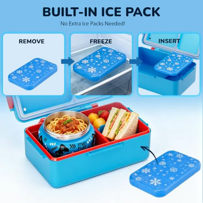 Bento Lunch Box for Kids with Thermos – Game Console Design with 12oz Insulated Stainless Steel Soup Jar and Built-in Ice Pack, 3-Compartment Leak-Proof Kids Bento Box for Boys Girls School Travel - color: Red-Game over