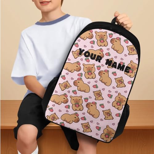 Personalized Capybara Bag,Soft Bookbag School Supplies for Kids Back to School Backpacks for 3rd Grade Boys Custom Name Children's Lunch Box Pencil Case Water Bottle Holder Set of 4 - color: Strawberry Capybara--custom