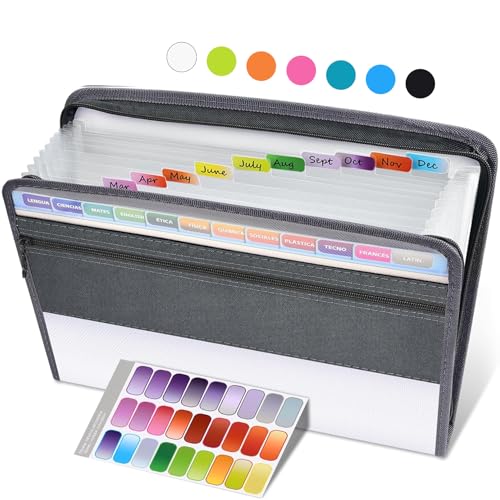 Sooez Accordion File Organizer with Safe Zipper, 12 Pocket Expanding File Folder with Front Pencil Pouch, Portable Monthly Paper Bill Tax Receipt Organizer, School Office Supplies, Letter Size, White - color: White, style: 12 Pockets