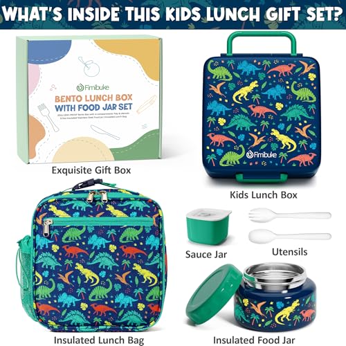 Fimibuke Bento lunch Box Set for Kids Adult with 8oz Insulated Food Jar, Lunch Bag & Sauce Cup, Leakproof Dishwasher Safe Toddler Lunch Food Container with 3-4 Compartment for School Girls Boys - color: A2.Jungle Dinosaurs