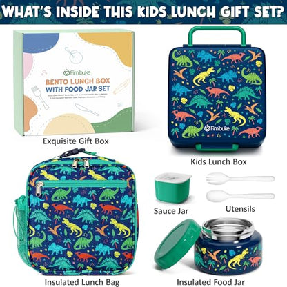 Fimibuke 60oz Kids Bento lunch Box with Insulated Lunch Bag & 8.5oz Thermo | Leakproof 3-4 Compartment Toddler Kids Lunch Box Food Container w/ Utensils, Sauce Cup for School Boys Girls, Dishwasher Safe - color: A2.Jungle Dinosaurs