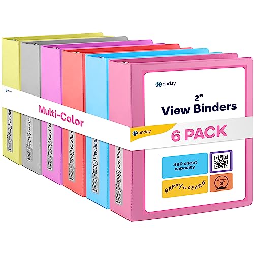 Enday 2 inch 3 Ring Binder (6 Pack - Assorted Colors) Binder 2 inch with Clear View Cover and 2 Inside Pocket - for Letter Size 8.5 x 11'' Paper, Ideal for School Supplies, Office, and Home - size: 2-Inch