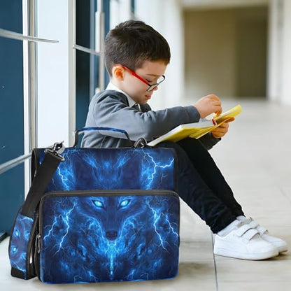 Blue Wolf with Glowing Eyes 3 D-Ring 2 inch Zipper Binder Bag with Shoulder Strap, Multi-Pocket Portfolio Organizer Case for 13 Inch Laptop Middle School - color: Blue Wolf Glowing Eyes