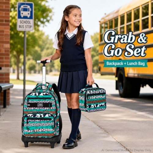 gxtvo Rolling School Backpack for Girls, Women Roller Bookbag with Lunch Box for Adults, Water Resistant Wheeled School Bag for College Teens Kids Travel - Leopard Print & Green Stripe - color: Leopard Print Green Stripe