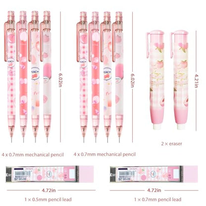 Cute Pink Coquette Peach Mechanical Pencil Set Include 8Pcs Kawaii Mechanical Pencils,2 Tubes Mechanical Pencil Lead Refills,2Pcs Erasers,for Office School Supplies - style: pink peach