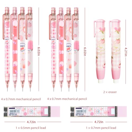 Cute Pink Coquette Peach Mechanical Pencil Set Include 8Pcs Kawaii Mechanical Pencils,2 Tubes Mechanical Pencil Lead Refills,2Pcs Erasers,for Office School Supplies - style: pink peach
