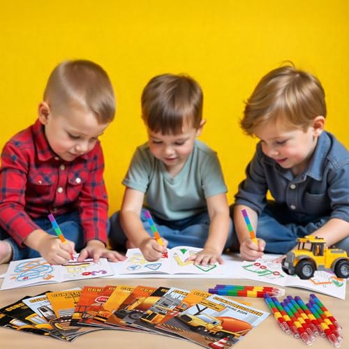 BenLouis 24 Construction Mini Coloring Books Kids with 24 Stacking Crayons Excavator Theme Party Favors Activity Books Bulk for Kids Construction Birthday Goodie Bag Gift Stuffer Classroom Reward - style: Construction