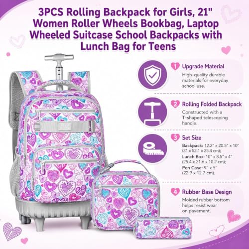 3pcs Rolling Backpack for Girls, 19 Inche Adult Bag with Roller Wheels, Wheeled Bookbag Set for Women - PinkGrey - color: Love Pinkgrey