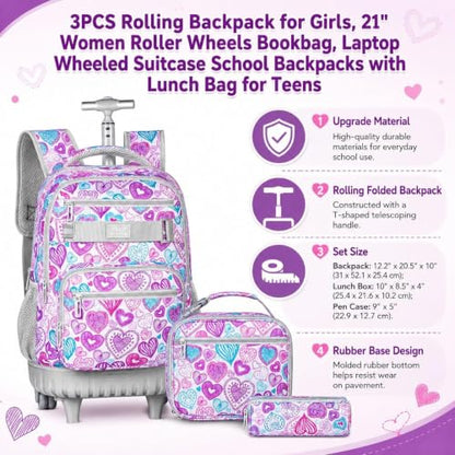 3pcs Rolling Backpack for Girls, 19 Inche Adult Bag with Roller Wheels, Wheeled Bookbag Set for Women - PinkGrey - color: Love Pinkgrey