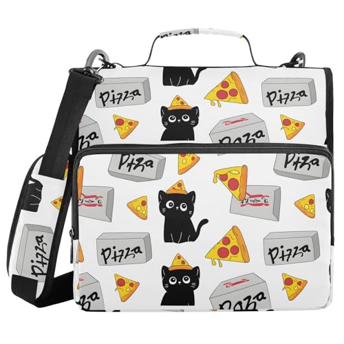 ALAZA Zipper Binder 3 Ring Cute Pieces Pizza Black Cats Binder Organizer with Zipper and Shoulder Strap Large Capacity Multi-Pocket Trapper Keeper File Folder for Office Supplies - color: Multicolored 15