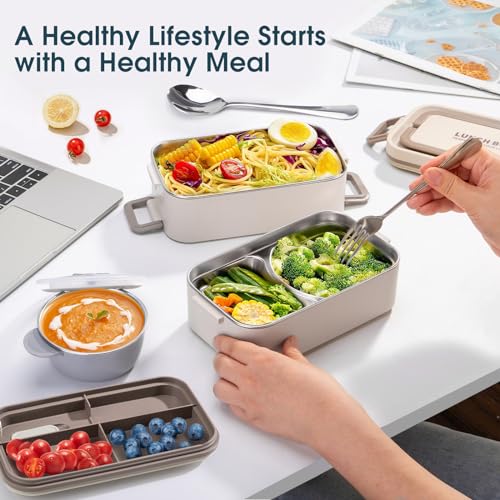 Bento Box Adult Lunch Box, Stackable 2 Layer 304 Stainless Steel Lunch Container for Adults Kids Office, 2L Capacity Portable Lunch Box Containers with Soup Bowl Spoon and Fork - size: 2 Layers