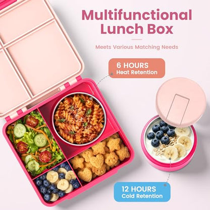 LOHASOK Bento Lunch Box Kids with 8oz Soup Thermo, Leak-Proof Lunch Containers with 4 Compartment, Thermo Hot Food Jar and Insulated Lunch Box for School for Girls Pink - color: Pink