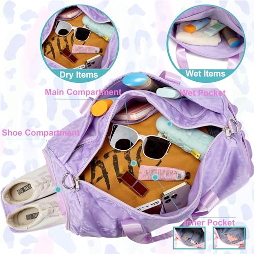 Jumpopack Dance Bag for Girls Duffle Bag Girls Overnight Bags Sleepover Gym Gymnastics Bags with Shoe Compartment and Wet Pocket,Leopard Shape - color: Leopard Purple