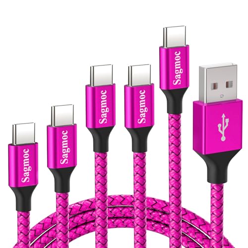 Type C Charger Cable Pink - Sagmoc USB C Premium Shiny Nylon Braided Rapid Charging Cord 5 Pack 10FT 2x6FT 3FT 2FT for Phone 15/16 Series, Note 10/S10, LG V30 G6, Google Pixel,All Devices Type C Port - color: Pink