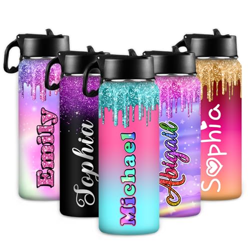 InterestPrint Customized Water Bottles with Handle Straw Lid, Personalized Insulated Stainless Steel Sports Waterbottle with Name Monogrammed, Back to Shool Cup for Kids Women Men, Magical Color - color: Color 08