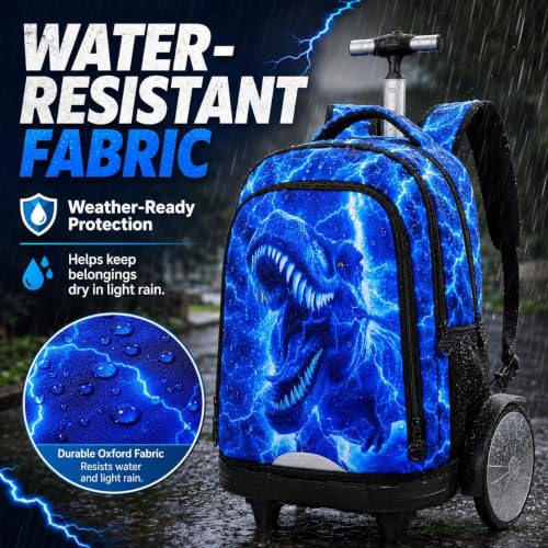 3Pcs Large Rolling Backpack for Boys, 20 Inch Detachable Light Up Wheeled Bookbag with Lunch Box, Durable Lightning Dinosaur Roller Backpack for Elementary Middle School (Blue) - color: Large Wheels Dinosaur Blue