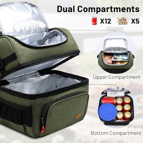 MIER Dual Compartment Lunch Bag Tote with Shoulder Strap for Men and Women Insulated Leakproof Cooler Bag, Army Green - color: Green