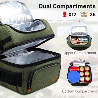 MIER Lunch Box for Men Dual Compartment Adult Lunch Bag for Work Army Green | Leakproof & Insulated; Lunchbox Cooler Tote with Side Bottle Holder; Detachable Shoulder Strap with Pad; Multi-Pockets - color: Green