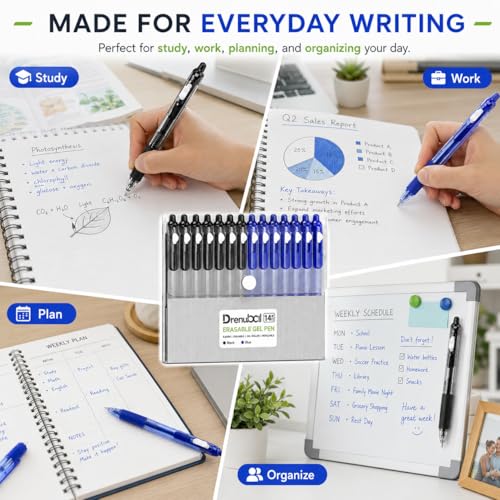 14 Pack Erasable Pens, 8 Black 3 Blue 3 Red Erasable Gel Pens, 0.6mm Fine Point Retractable Refillable Gel Ink Pens with Eraser, Soft Grip Click Pens for School Office Teachers - color: 3 Color 14 Pack Black Blue Red
