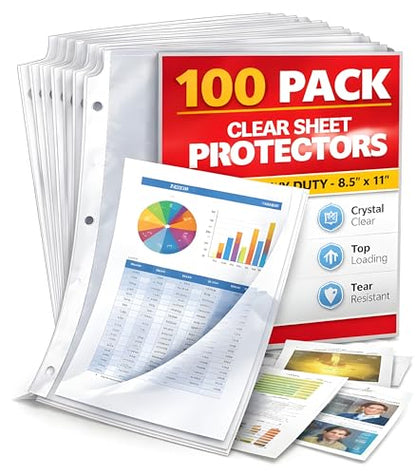 100 Pack Clear Sheet Protectors for 3 Ring Binder, Heavy Duty Plastic Sleeves 8.5 x 11, Top Loading Page Protectors for Documents, Photos & Paper, Letter Size