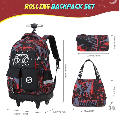 Scothen Rolling Backpack for Boys, Cool Luminous Gamer Roller School Backpacks for Boys with Lunch Bag and Pencil Pouch, Kids Backpack Bookbag with Wheels for Kindergarten Elementary Middle School - color: Red