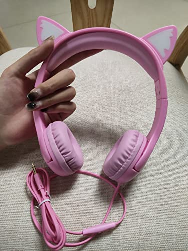 Olyre Kids Cat Ear Headphones, Girls Wired Headset, Audio Sharing Jack, Mic | LED Light-Up kitty headphones; Fun design; Volume limited; Tangle-Free cord; Toddlers, preschools, airplane, classroom - color: All-Pink